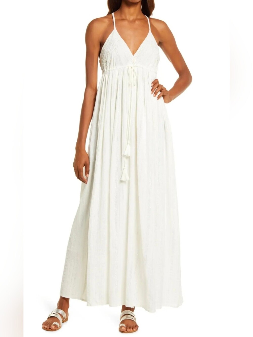 NWT RAGA White Esme Metallic Stripes Cotton Maxi Dress
